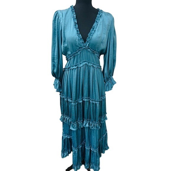 She + Sky Dresses & Skirts - Emerald Satin Flowy Tiered Maxi Dress Ruffle Romantic Boho